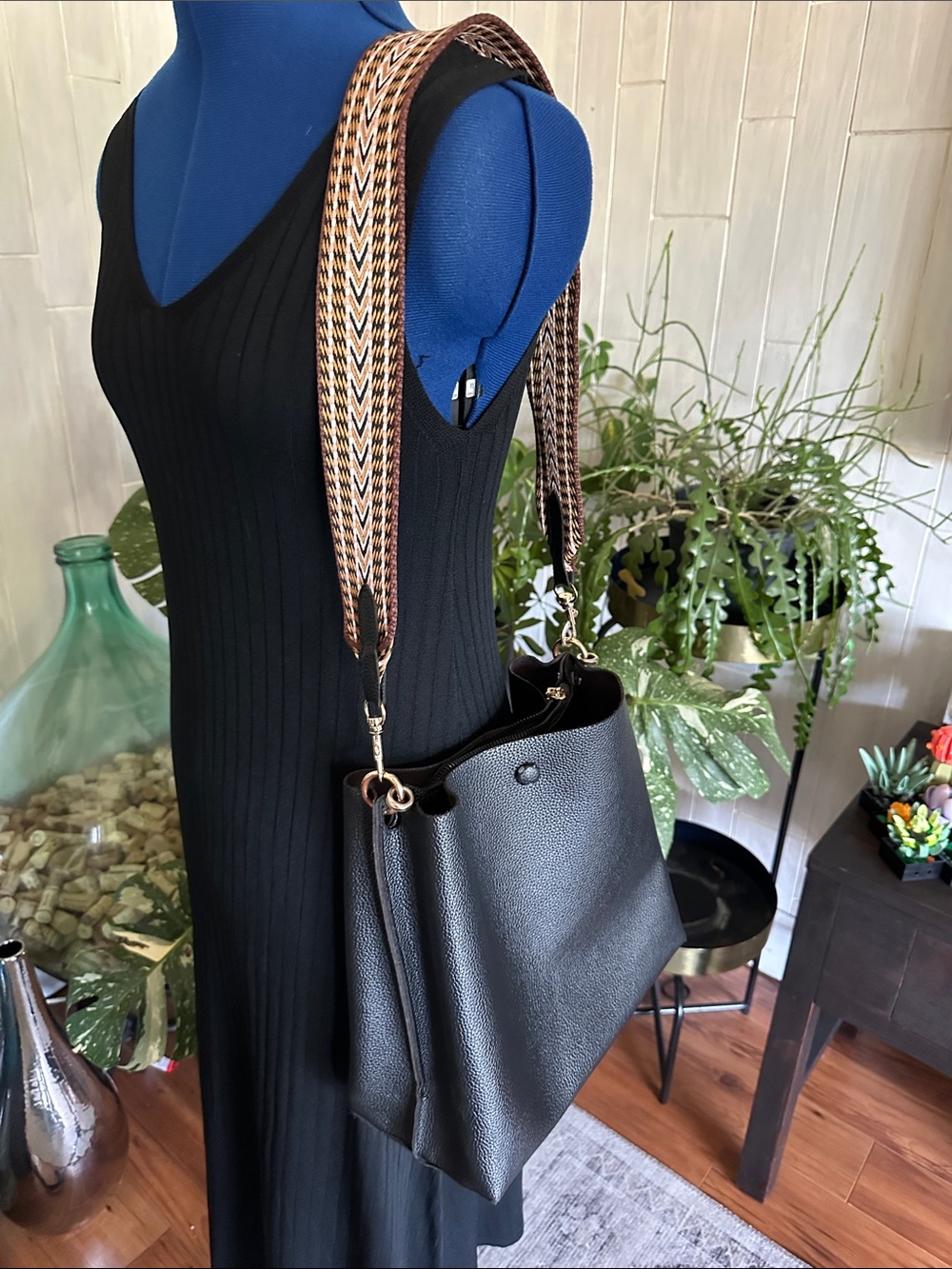 Black Shoulder Tote with Decorative Strap